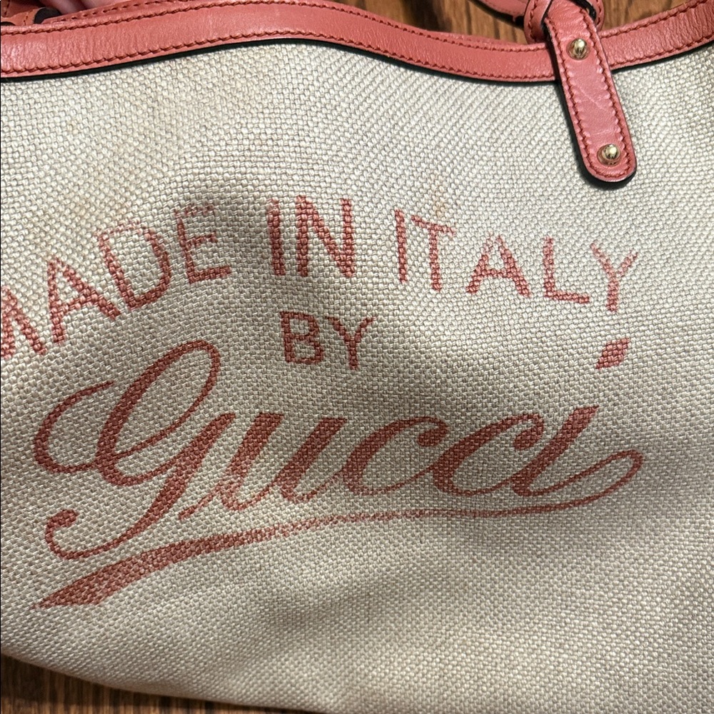 Gucci Beige Canvas Tote with Coral Trim